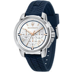 Maserati Successo R8871621013 44mm Men’s Chronograph Watch – Silver Sunray Dial & Blue Rubber Strap