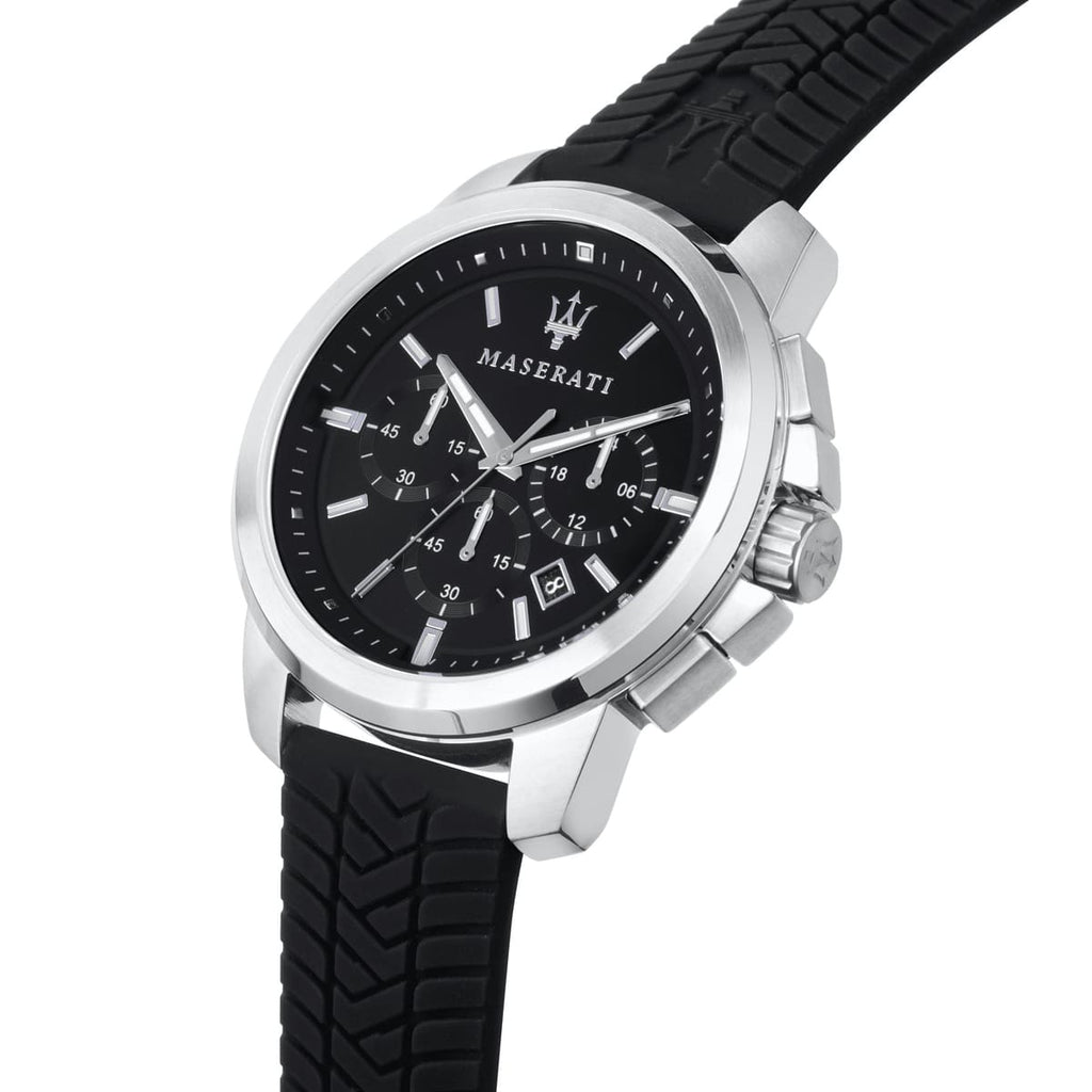 Maserati Successo R8871621014 44mm Men’s Chronograph Watch – Black Sunray Dial & Black Rubber Strap