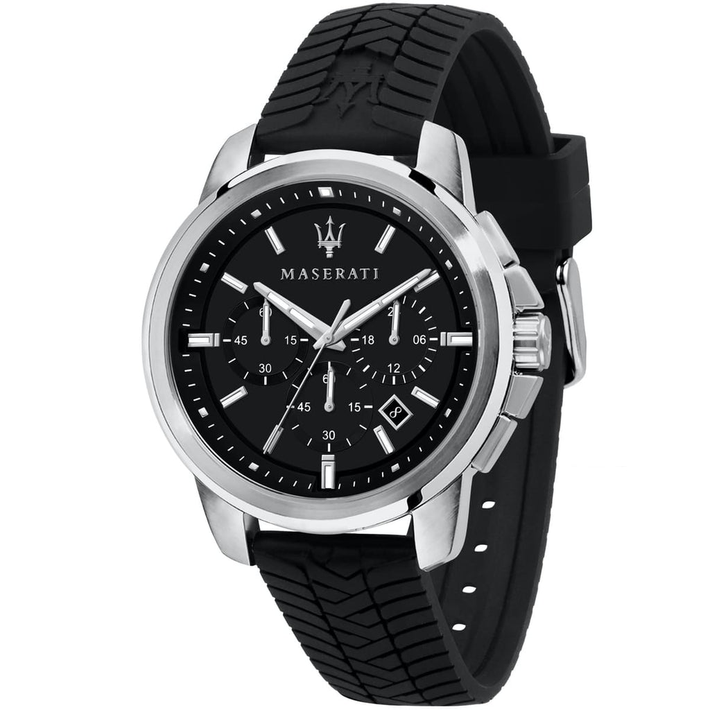 Maserati Successo R8871621014 44mm Men’s Chronograph Watch – Black Sunray Dial & Black Rubber Strap