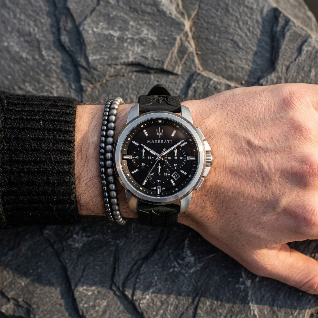 Maserati Successo R8871621014 44mm Men’s Chronograph Watch – Black Sunray Dial & Black Rubber Strap