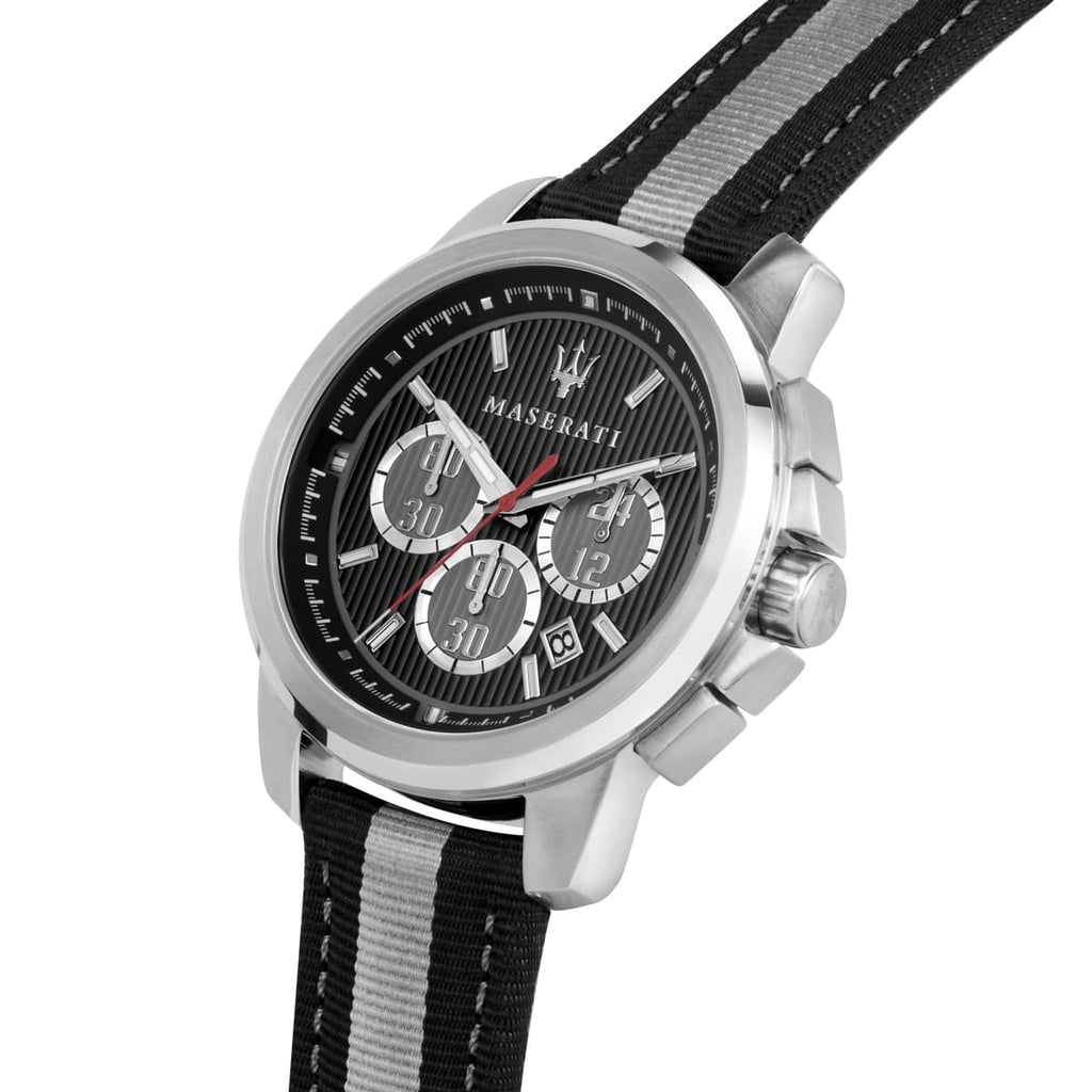 Maserati Royale R8871637002 45mm Men’s Chronograph Watch – Racing Dial & Black & Grey Striped Fiber Strap