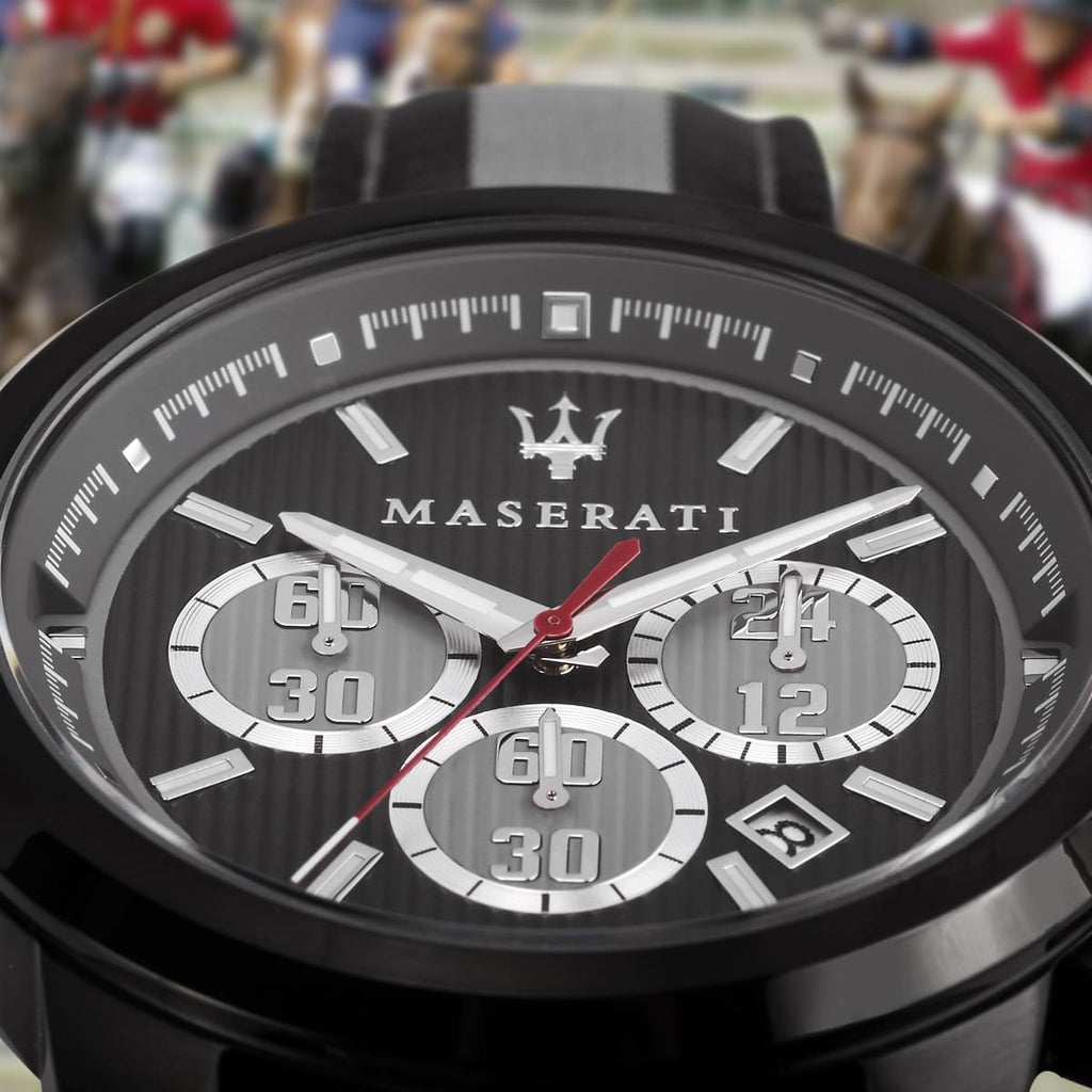 Maserati Royale R8871637002 45mm Men’s Chronograph Watch – Racing Dial & Black & Grey Striped Fiber Strap