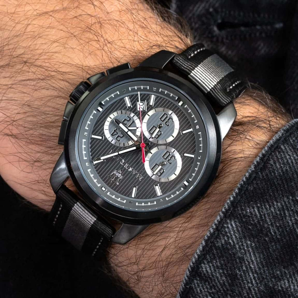 Maserati Royale R8871637002 45mm Men’s Chronograph Watch – Racing Dial & Black & Grey Striped Fiber Strap
