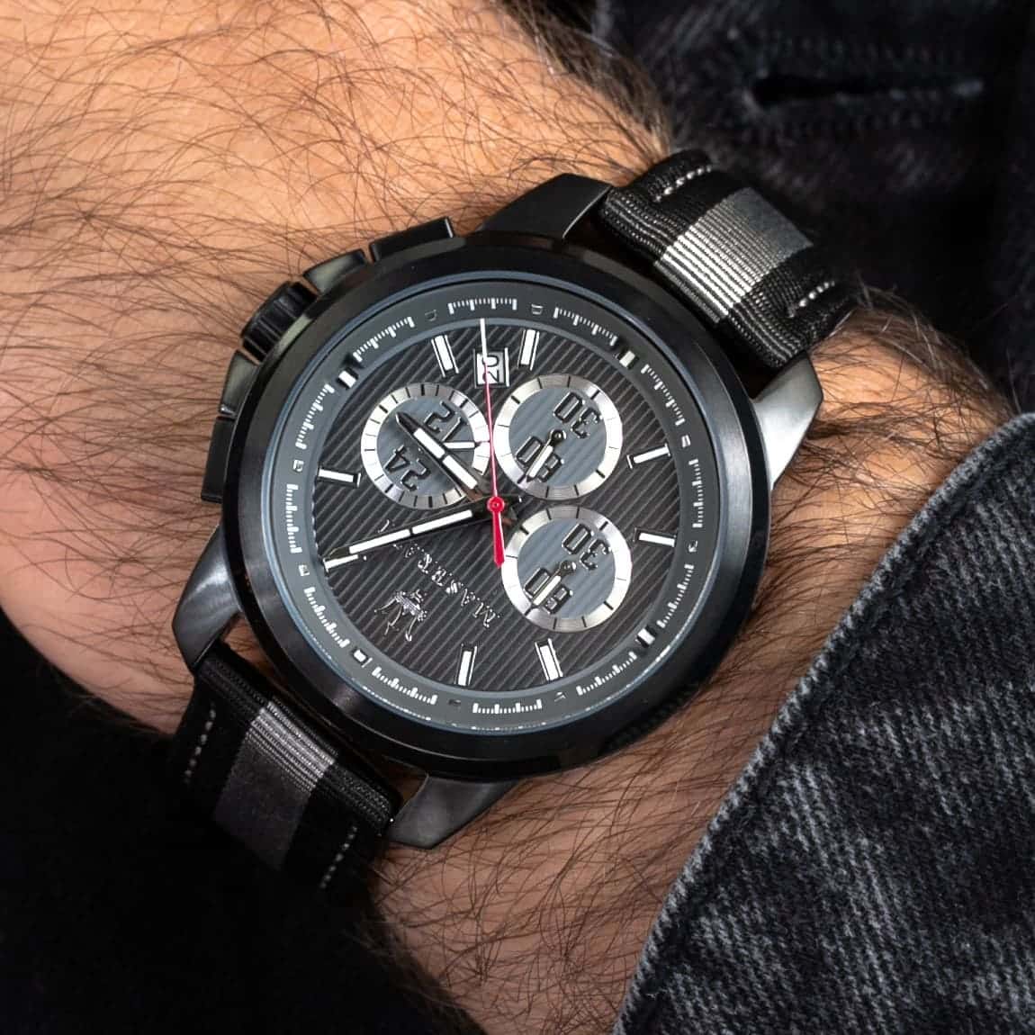 Maserati Royale R8871637002 45mm Men’s Chronograph Watch – Racing Dial & Black & Grey Striped Fiber Strap