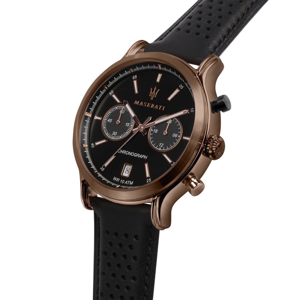 Maserati Legend R8871638001 42mm Men’s Chronograph Watch – Black Dial & Perforated Black Leather Strap