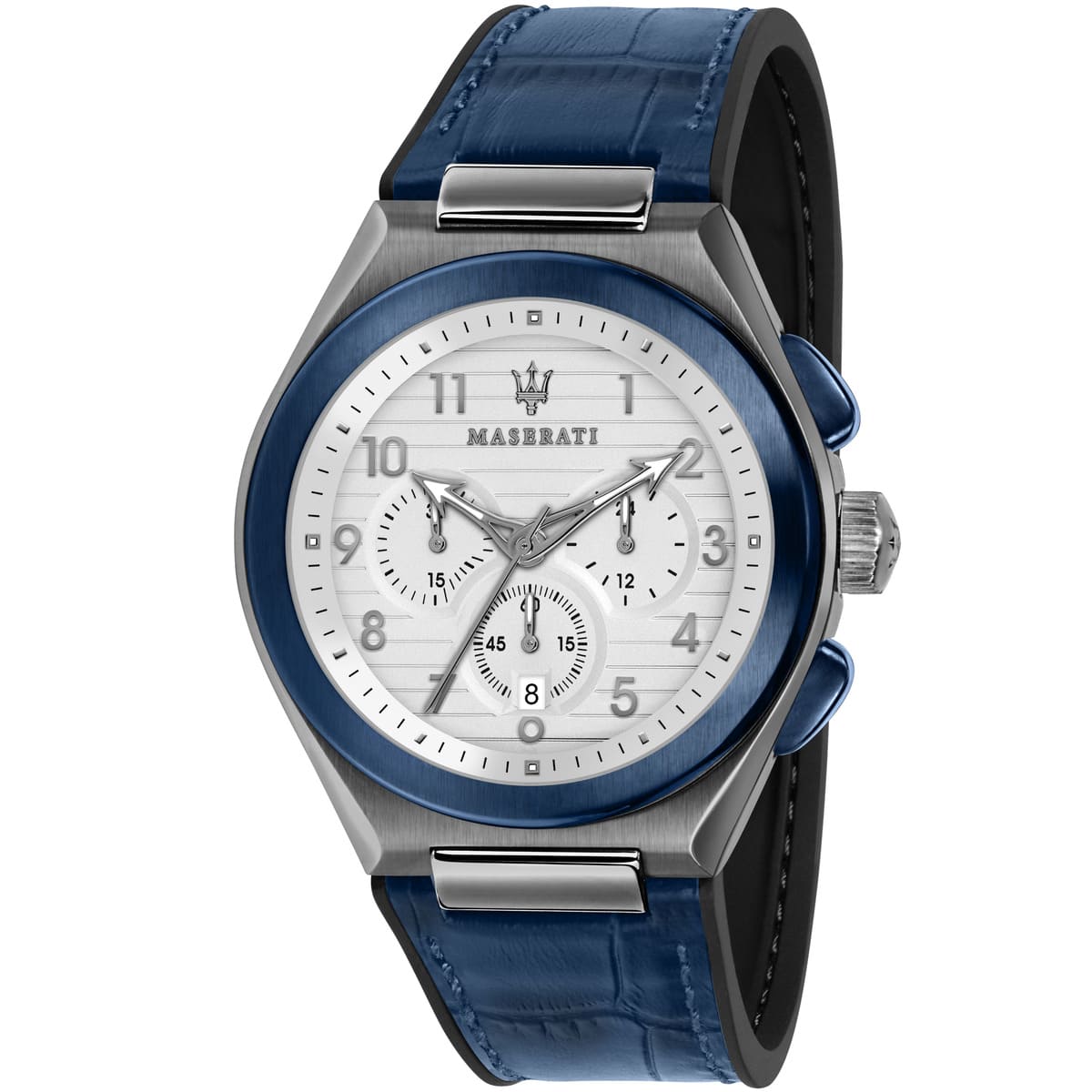 Maserati Triconic R8871639001 45mm Men’s Chronograph Watch – White Dial & Blue Rubber Strap