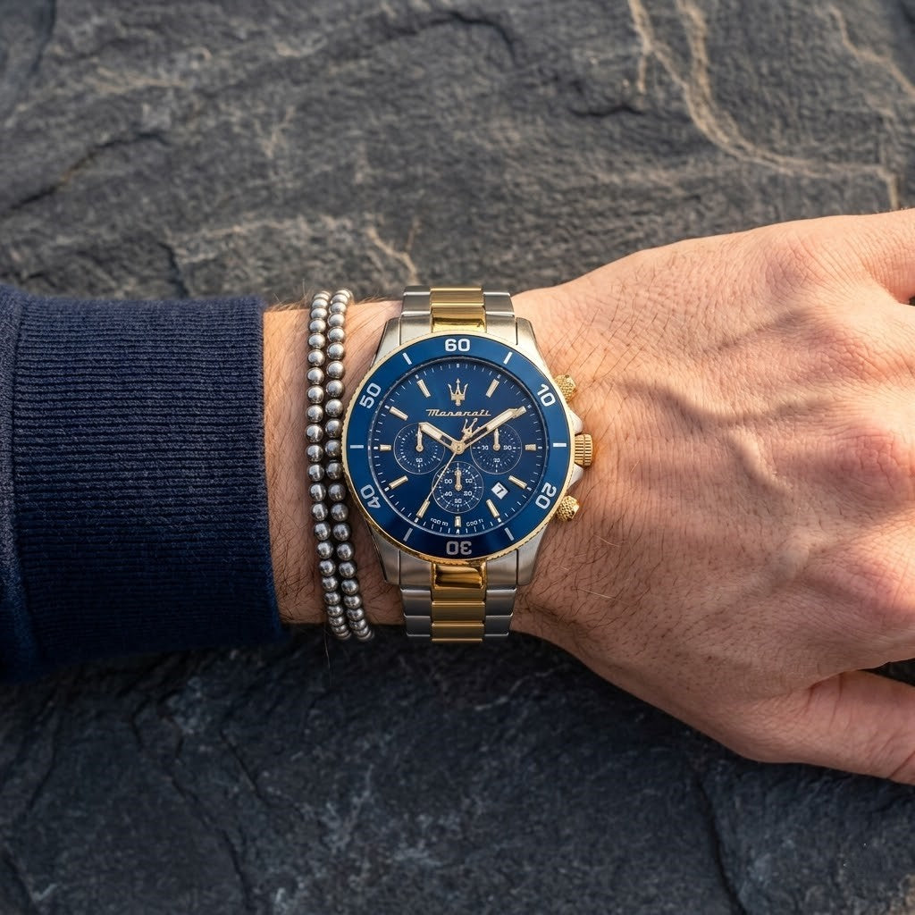 Maserati Competizione R8873600006 43mm Men’s Chronograph Watch – Blue Sunray Dial & Two-Tone Link Bracelet