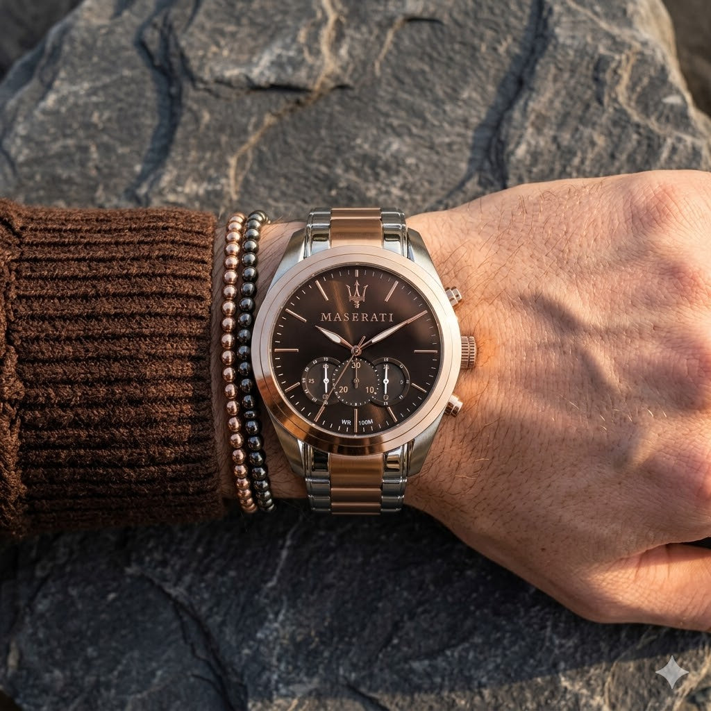 Maserati Traguardo R8873612003 45mm Men’s Chronograph Watch – Brown Sunray Dial & Two-Tone Link Bracelet