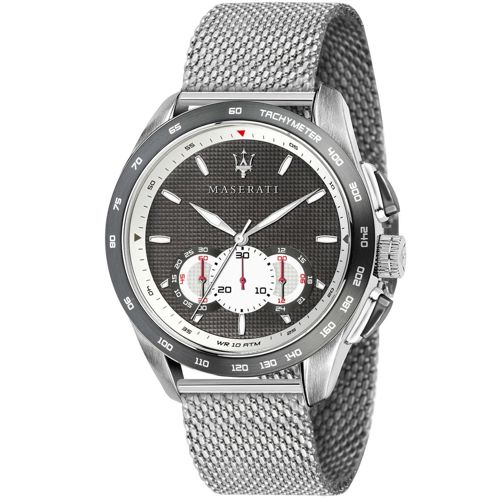 Maserati Traguardo R8873612008 45mm Men’s Chronograph Watch – Gray Waffle Dial & Silver Mesh Strap