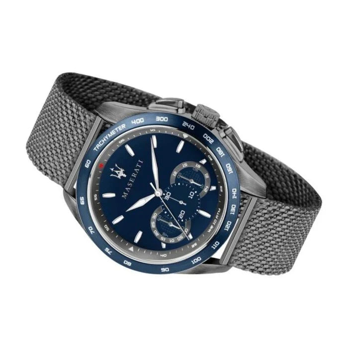 Maserati Traguardo R8873612009 45mm Men’s Chronograph Watch – Blue Sunray Dial & Gunmetal Grey Mesh Strap