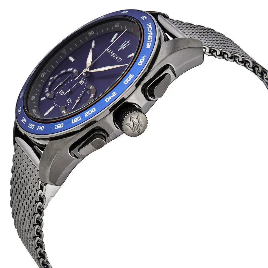 Maserati Traguardo R8873612009 45mm Men’s Chronograph Watch – Blue Sunray Dial & Gunmetal Grey Mesh Strap