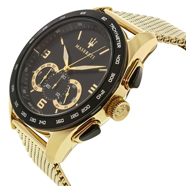 Maserati Traguardo R8873612010 45mm Men’s Chronograph Watch – Black Sunray Dial & Gold Stainless Steel Mesh Strap