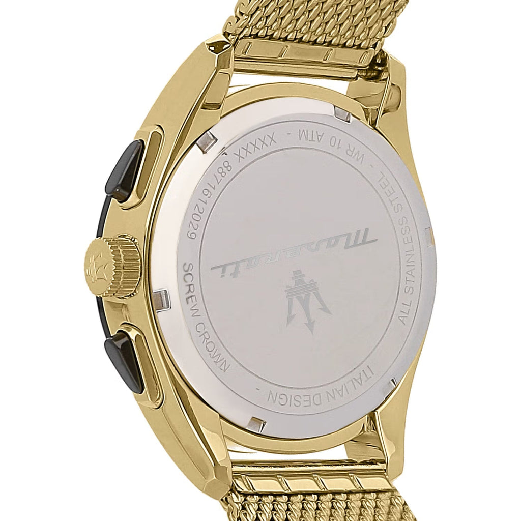 Maserati Traguardo R8873612010 45mm Men’s Chronograph Watch – Black Sunray Dial & Gold Stainless Steel Mesh Strap