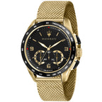Maserati Traguardo R8873612010 45mm Men’s Chronograph Watch – Black Sunray Dial & Gold Stainless Steel Mesh Strap