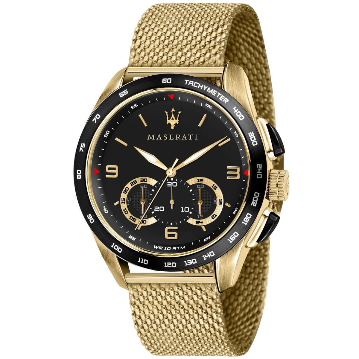 Maserati Traguardo R8873612010 45mm Men’s Chronograph Watch – Black Sunray Dial & Gold Stainless Steel Mesh Strap