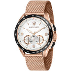 Maserati Traguardo R8873612011 45mm Men’s Chronograph Watch – White Racing Dial & Rose Gold Mesh Strap