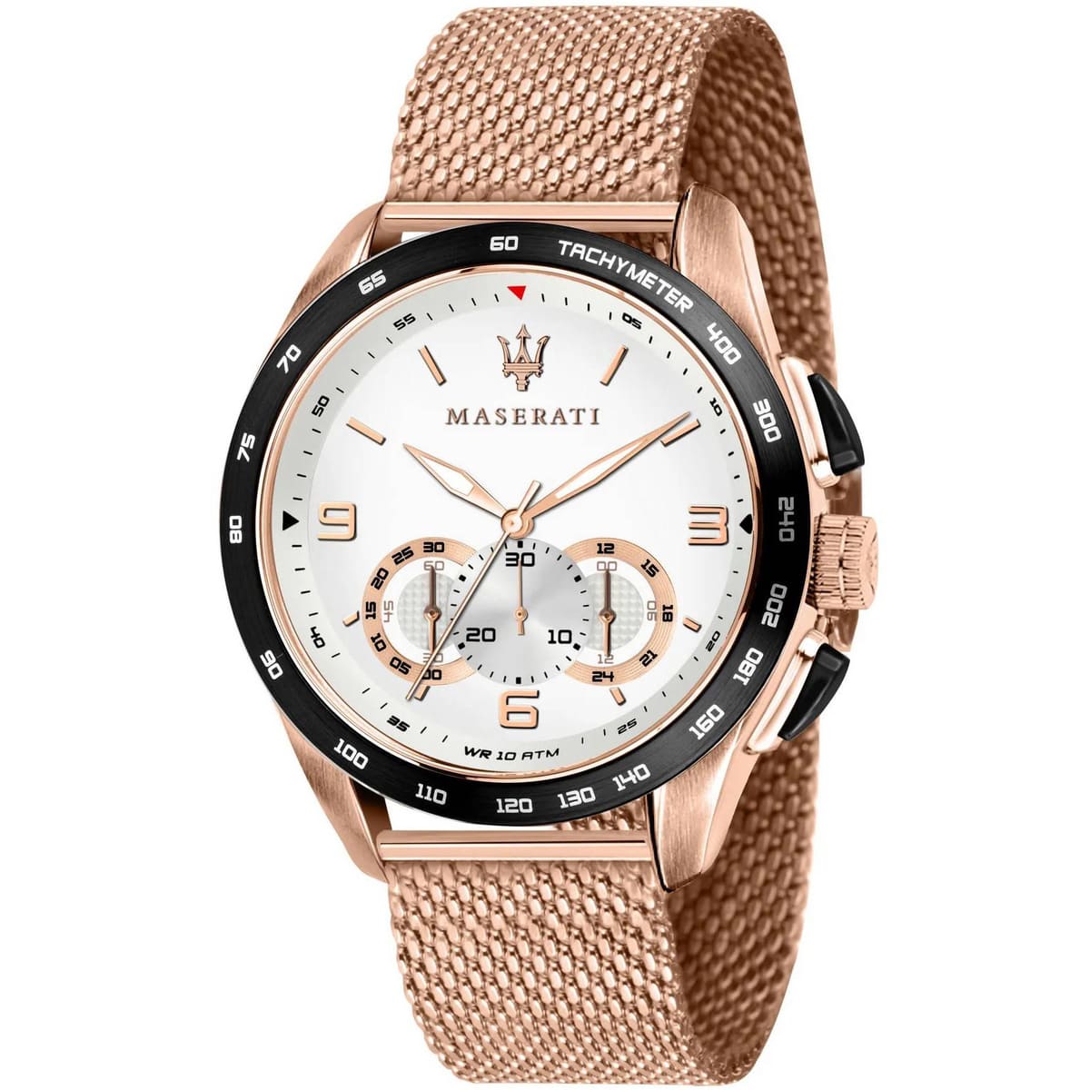 Maserati Traguardo R8873612011 45mm Men’s Chronograph Watch – White Racing Dial & Rose Gold Mesh Strap