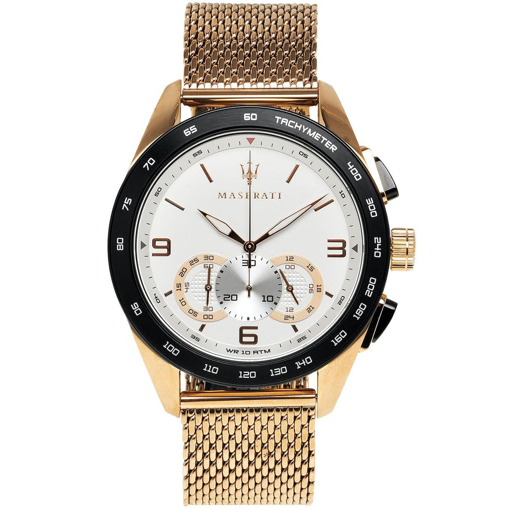 Maserati Traguardo R8873612011 45mm Men’s Chronograph Watch – White Racing Dial & Rose Gold Mesh Strap