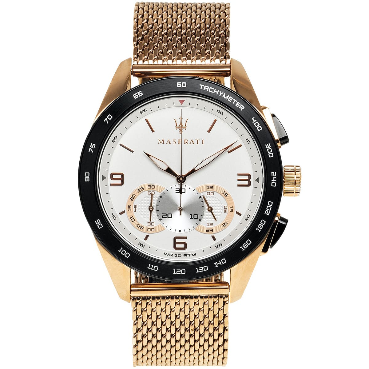 Maserati Traguardo R8873612011 45mm Men’s Chronograph Watch – White Racing Dial & Rose Gold Mesh Strap