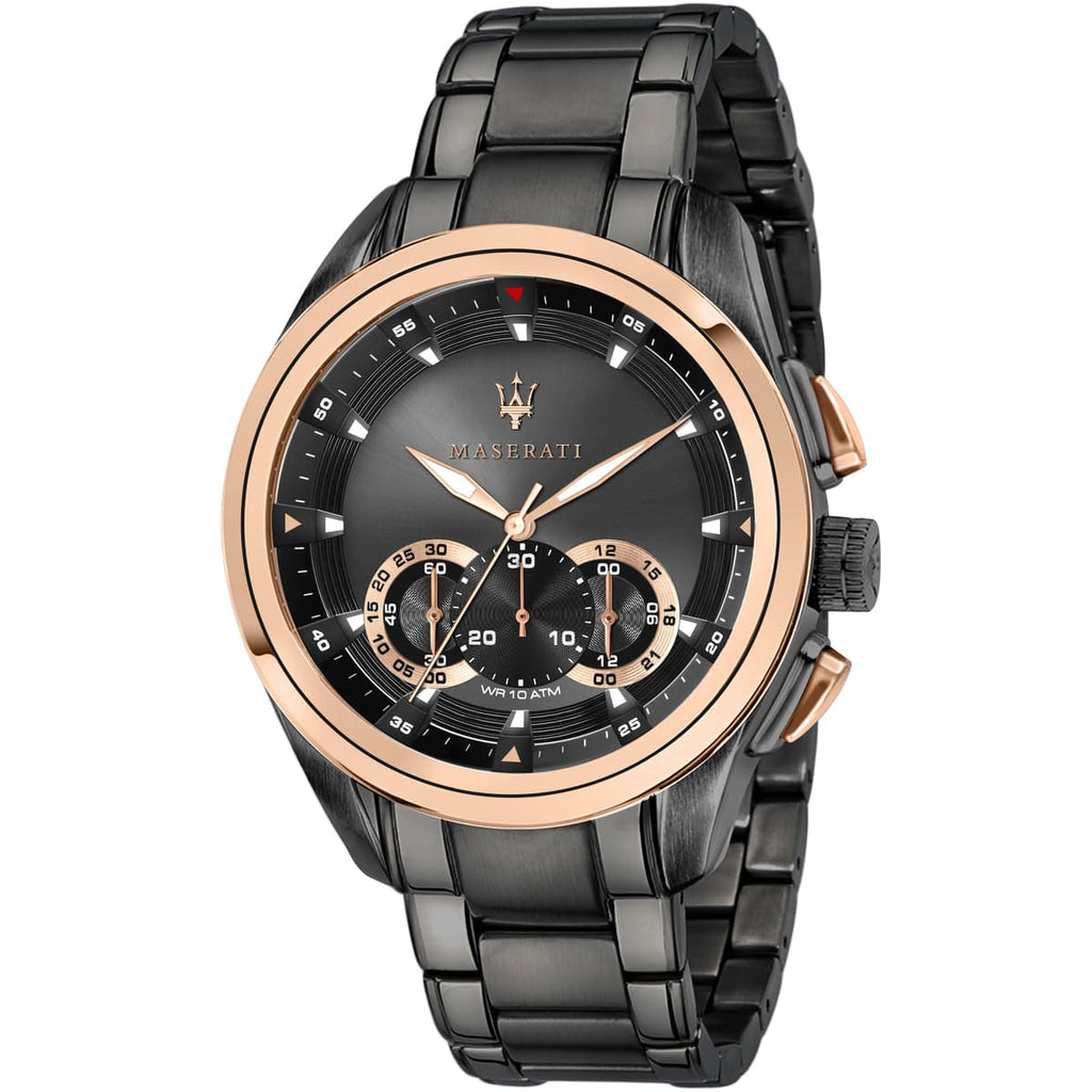 Maserati Traguardo R8873612016 45mm Men’s Chronograph Watch – Black Sunray Dial & Gunmetal Grey Link Bracelet