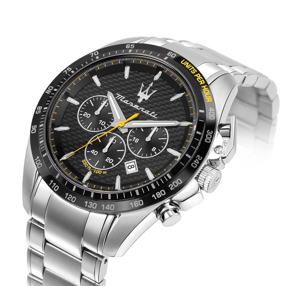 Maserati Traguardo R8873612042 45mm Men’s Chronograph Watch – Black Carbon Fiber Dial & Silver-Tone Link Bracelet