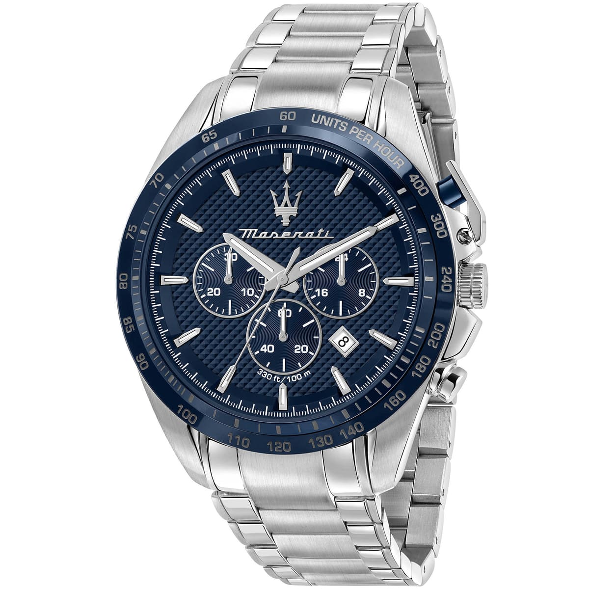 Maserati Traguardo R8873612043 45mm Men’s Chronograph Watch – Textured Blue Dial & Silver-Tone Link Bracelet