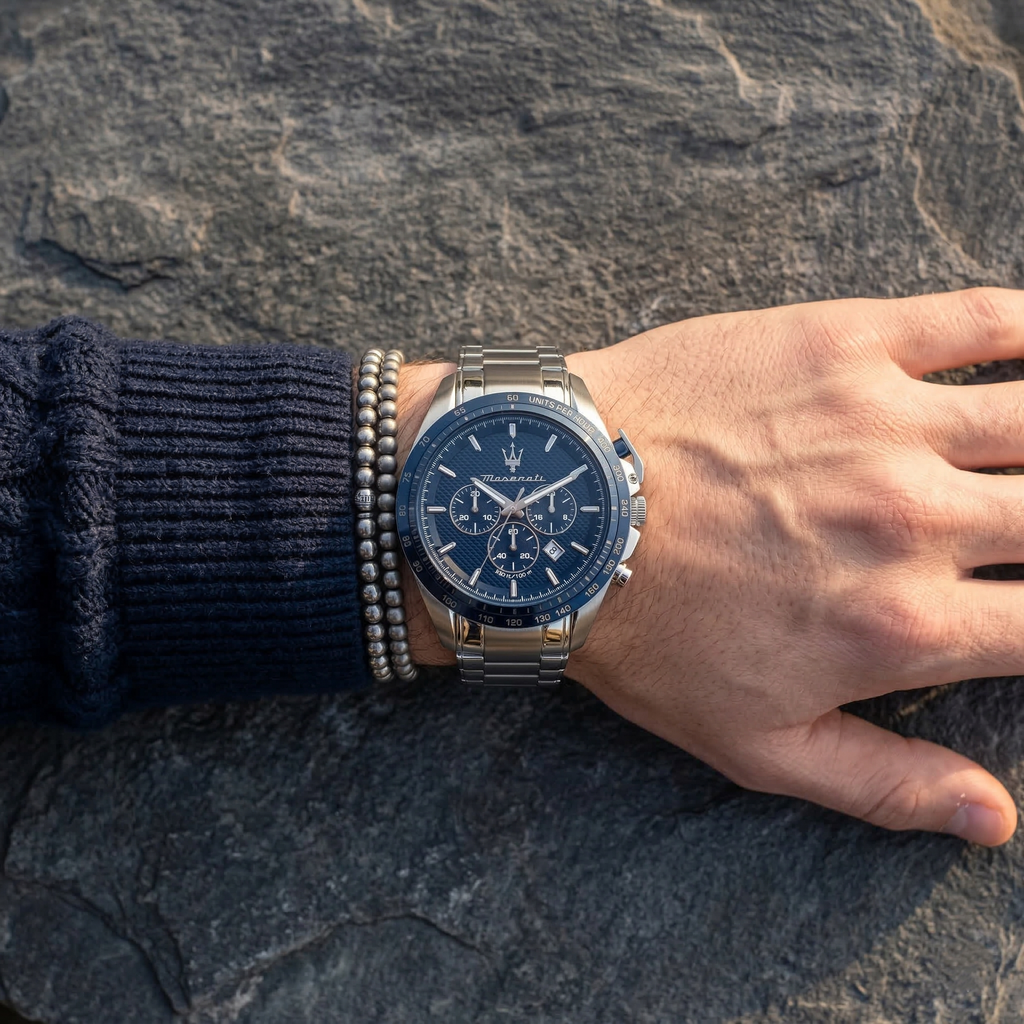 Maserati Traguardo R8873612043 45mm Men’s Chronograph Watch – Textured Blue Dial & Silver-Tone Link Bracelet