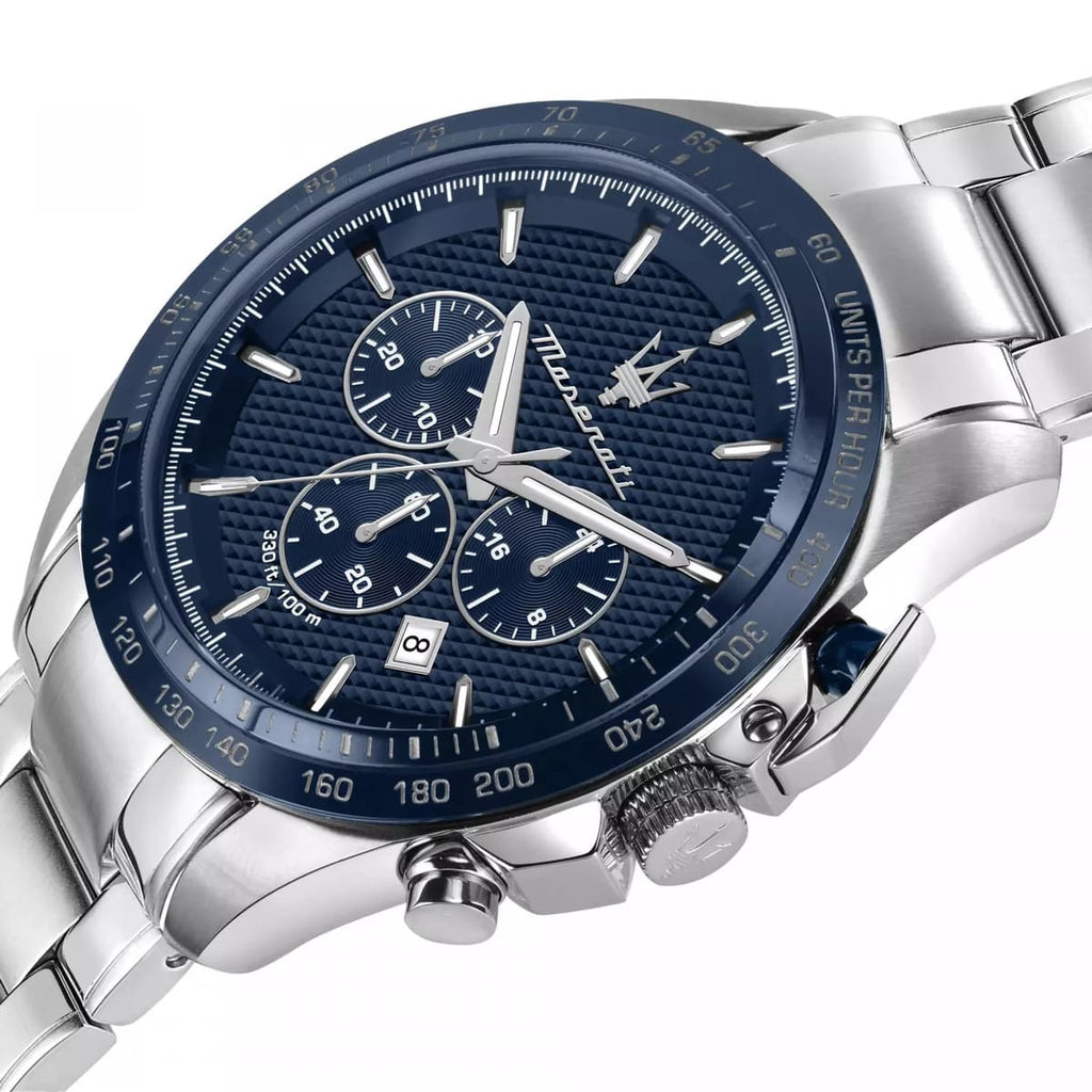 Maserati Traguardo R8873612043 45mm Men’s Chronograph Watch – Textured Blue Dial & Silver-Tone Link Bracelet