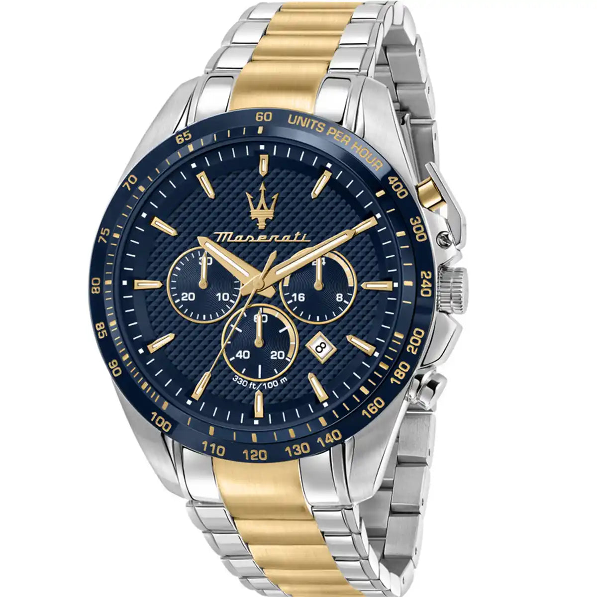 Maserati Traguardo R8873612046 45mm Men’s Chronograph Watch – Textured Blue Dial & Two-Tone Link Bracelet