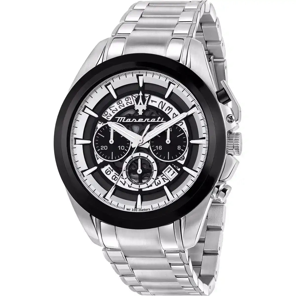 Maserati Traguardo R8873612059 45mm Men’s Chronograph Watch – Silver Skeleton Dial & Silver-Tone Link Bracelet
