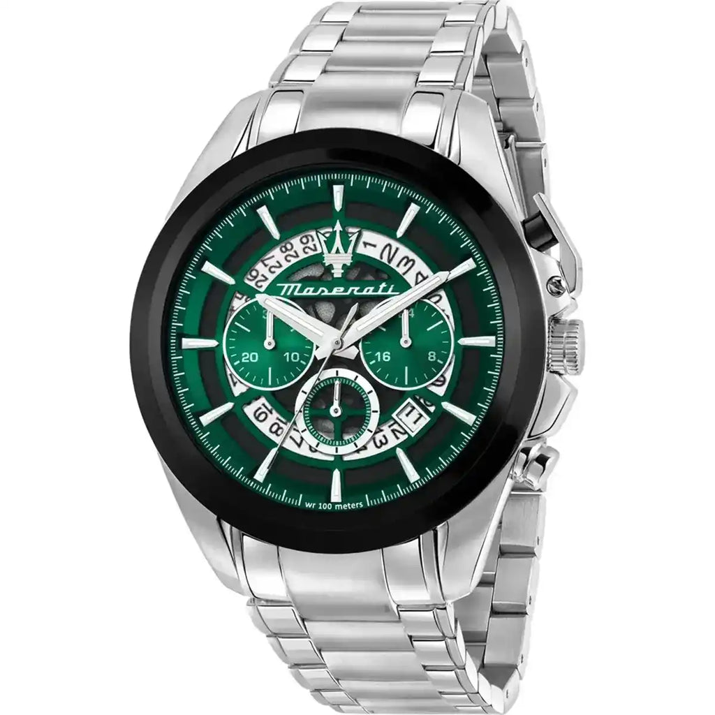Maserati Traguardo R8873612060 45mm Men’s Chronograph Watch – Emerald Green Skeleton Dial & Silver-Tone Link Bracelet