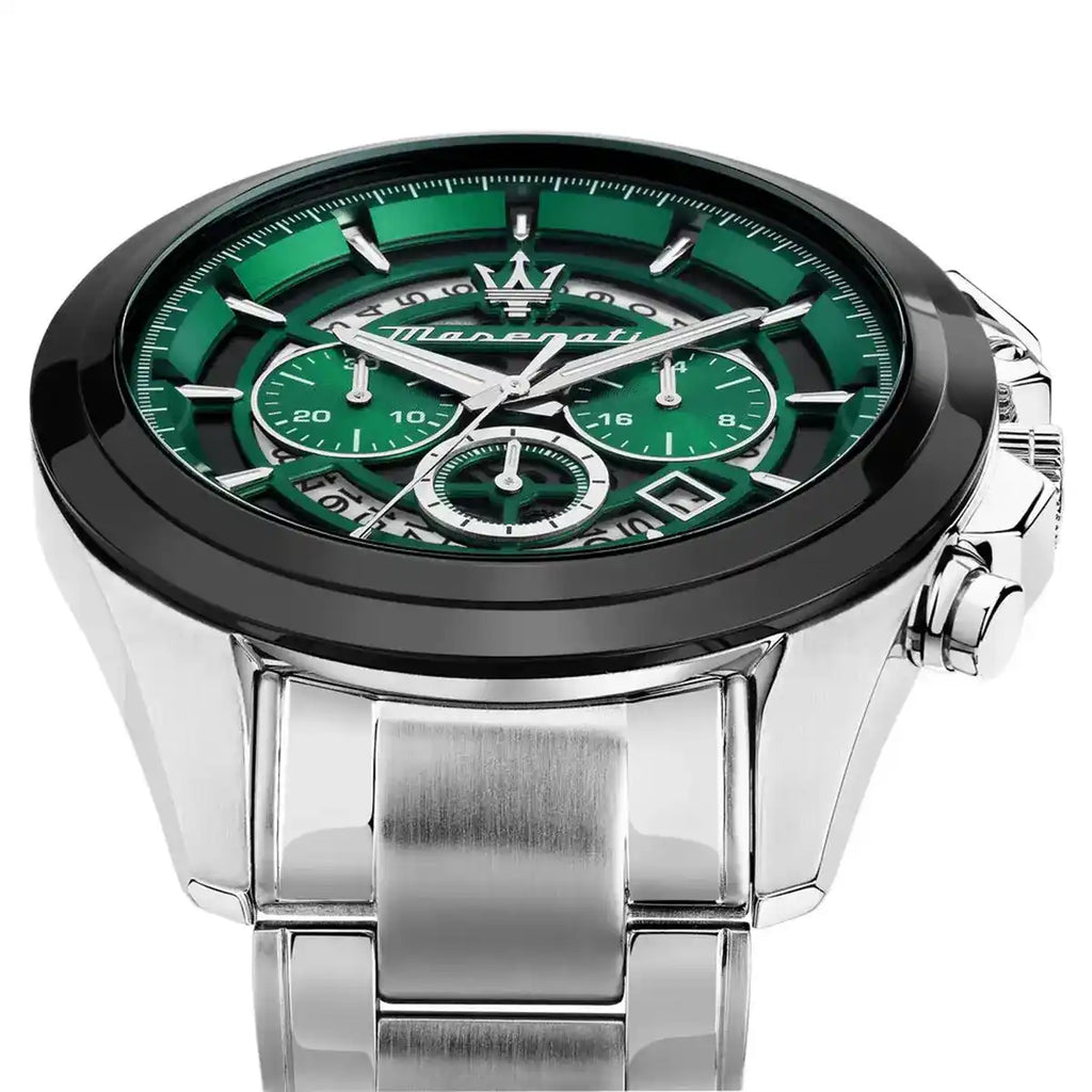Maserati Traguardo R8873612060 45mm Men’s Chronograph Watch – Emerald Green Skeleton Dial & Silver-Tone Link Bracelet