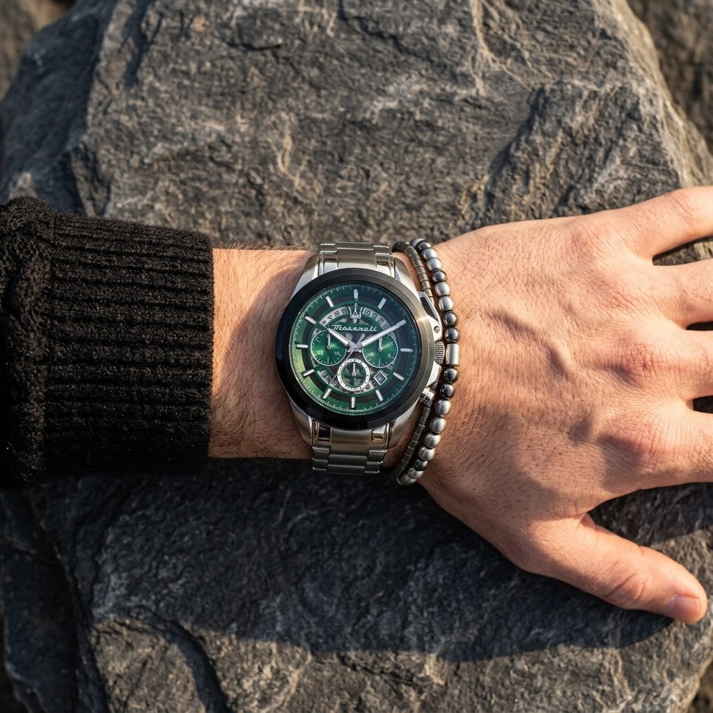 Maserati Traguardo R8873612060 45mm Men’s Chronograph Watch – Emerald Green Skeleton Dial & Silver-Tone Link Bracelet