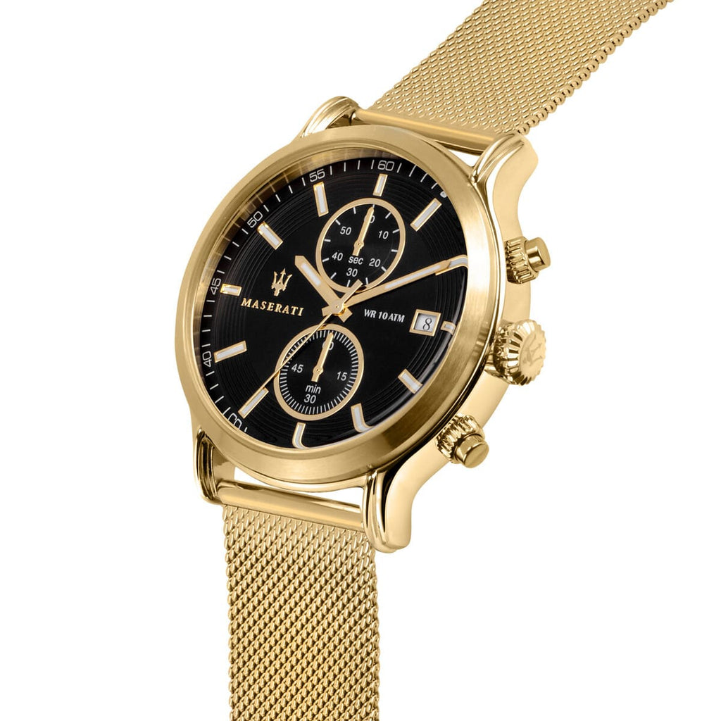 Maserati Epoca R8873618007 42mm Men’s Chronograph Watch – Black Sunray Dial & Gold Stainless Steel Mesh Strap