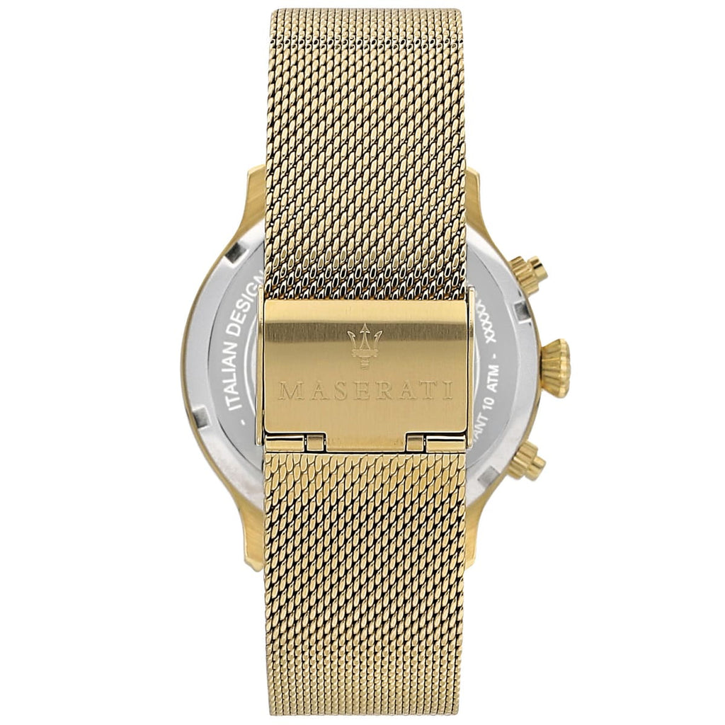 Maserati Epoca R8873618007 42mm Men’s Chronograph Watch – Black Sunray Dial & Gold Stainless Steel Mesh Strap