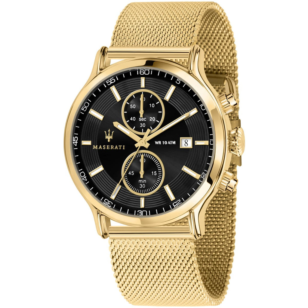 Maserati Epoca R8873618007 42mm Men’s Chronograph Watch – Black Sunray Dial & Gold Stainless Steel Mesh Strap