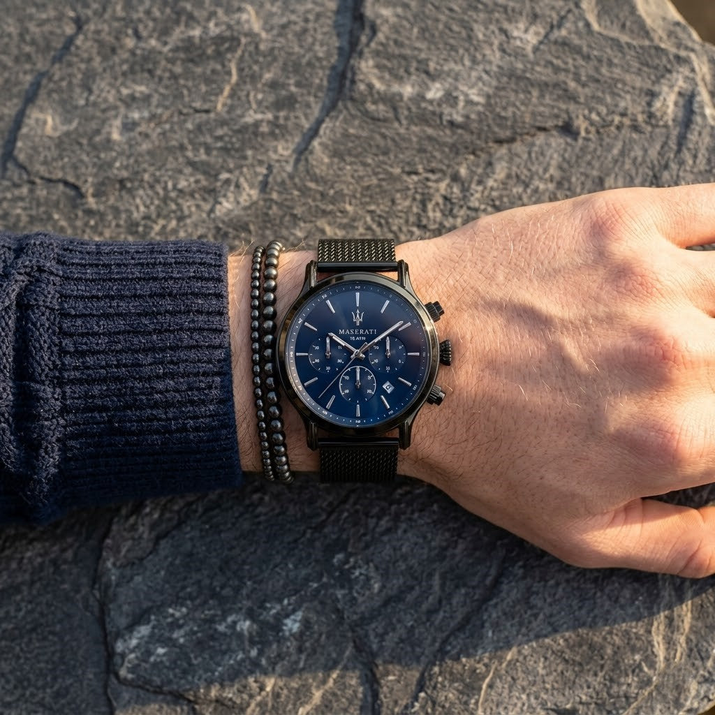 Maserati Epoca R8873618008 42mm Men’s Chronograph Watch – Blue Sunray Dial & Black Mesh Strap