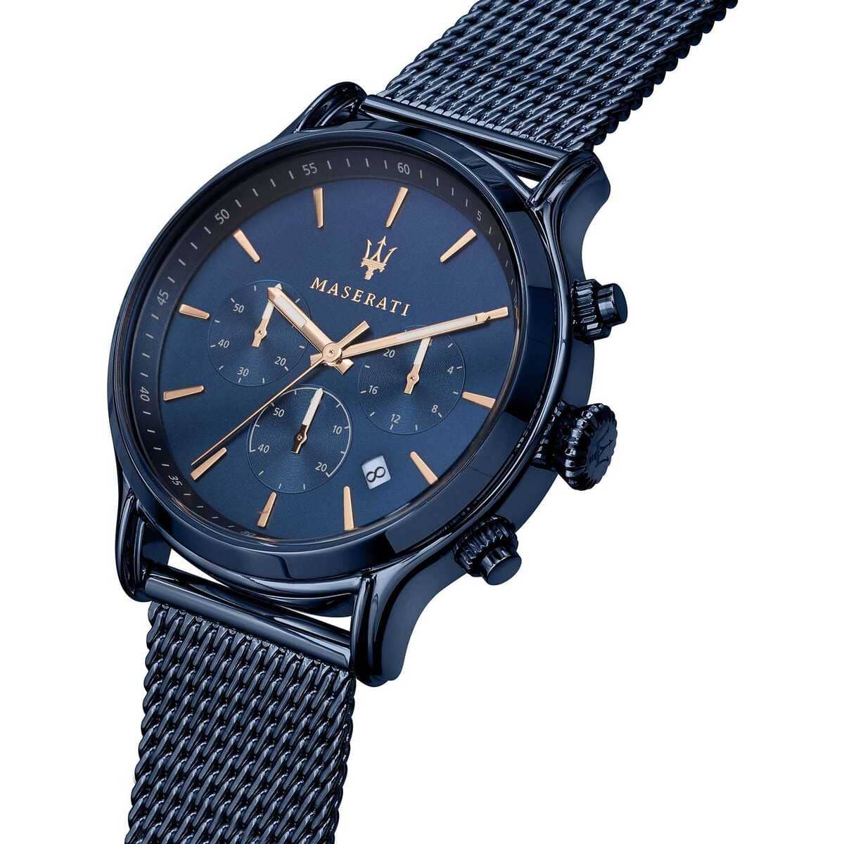 Maserati Epoca R8873618010 42mm Men’s Chronograph Watch – Blue Sunray Dial & Blue Stainless Steel Mesh Strap
