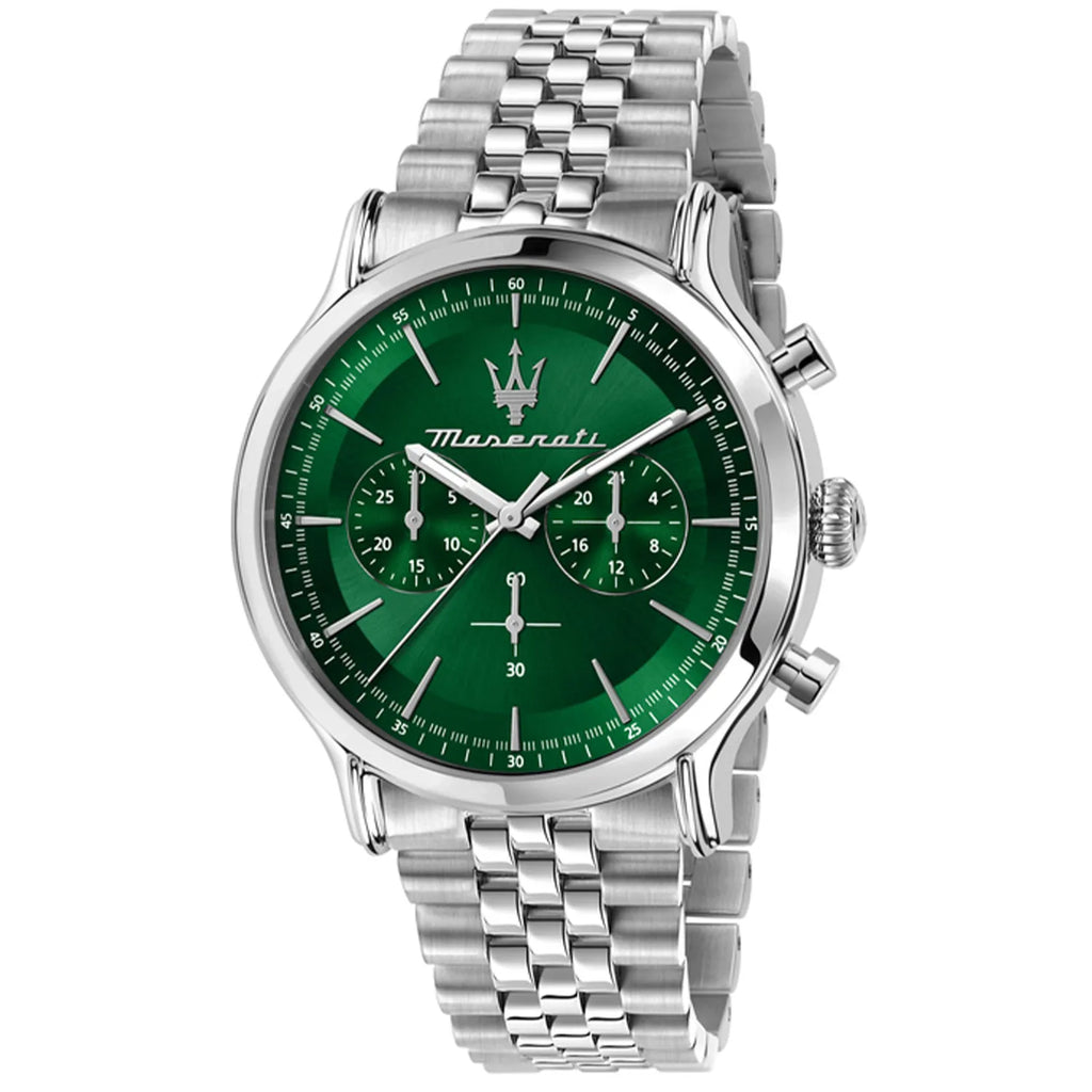 Maserati Epoca R8873618033 42mm Men’s Chronograph Watch – Green Sunray Dial & Distinguished Silver Jubilee Link Bracelet
