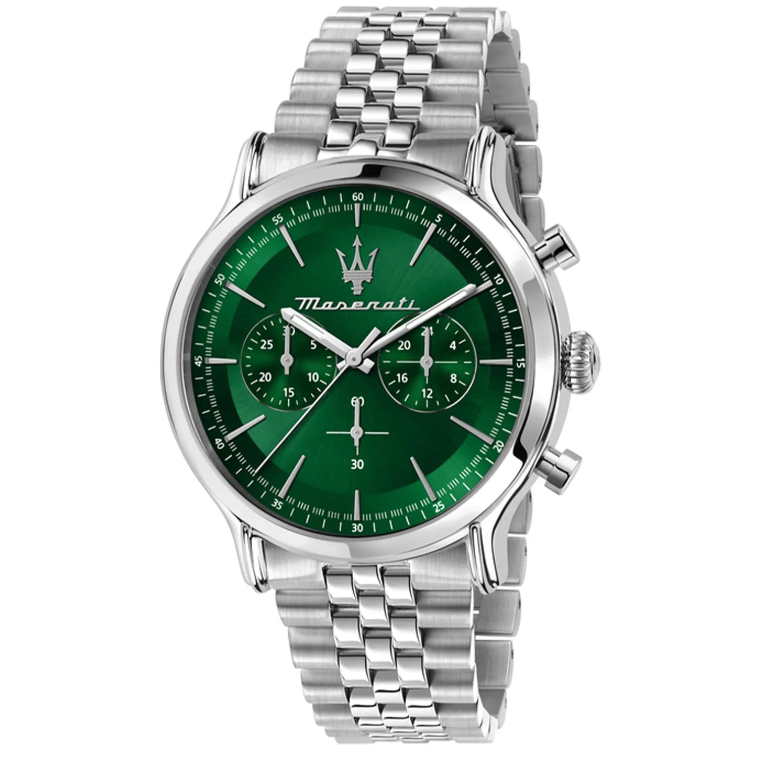 Maserati Epoca R8873618033 42mm Men’s Chronograph Watch – Green Sunray Dial & Distinguished Silver Jubilee Link Bracelet