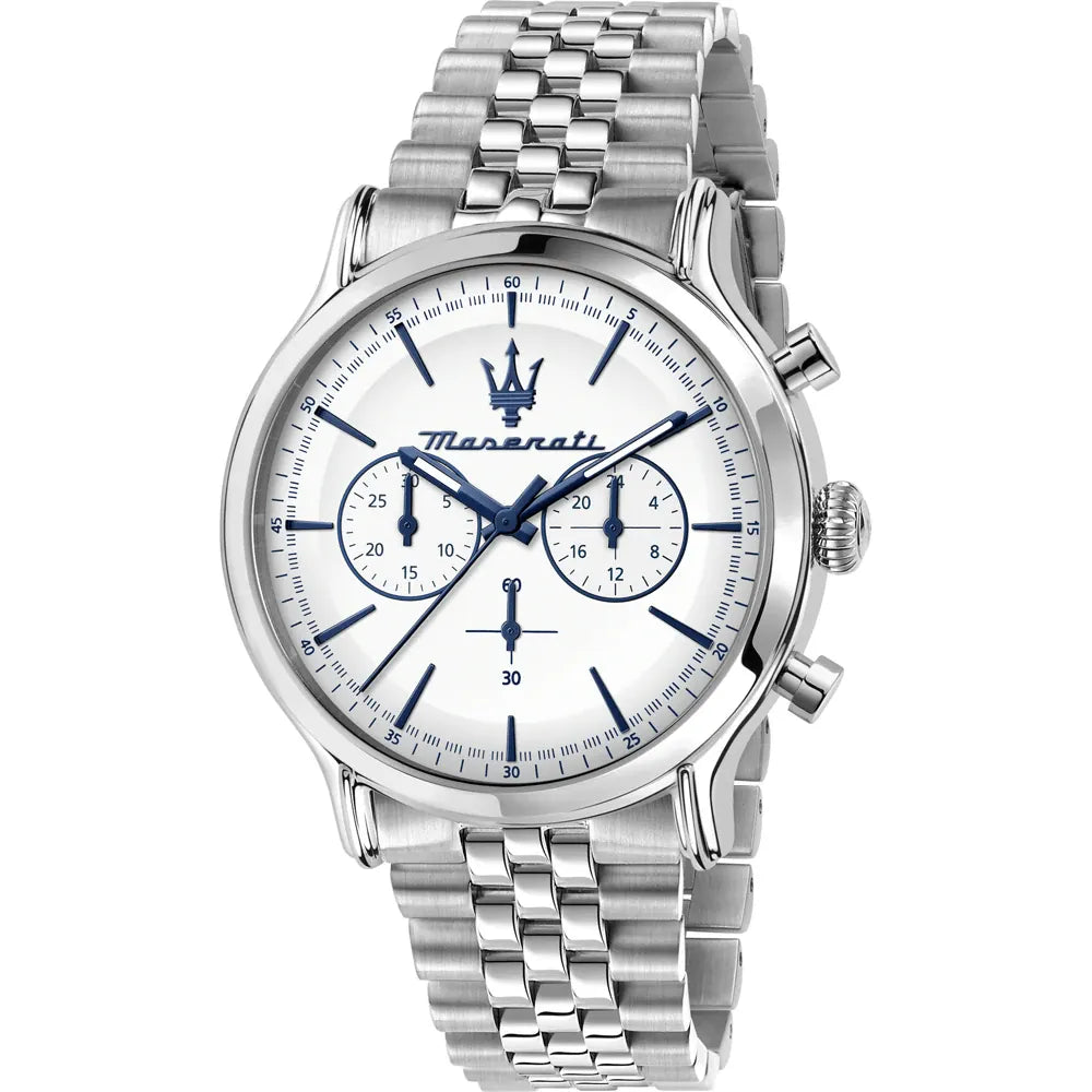 Maserati Epoca R8873618034 42mm Men’s Chronograph Watch – White Sunray Dial & Luxurious Silver Jubilee Stainless Steel Bracelet