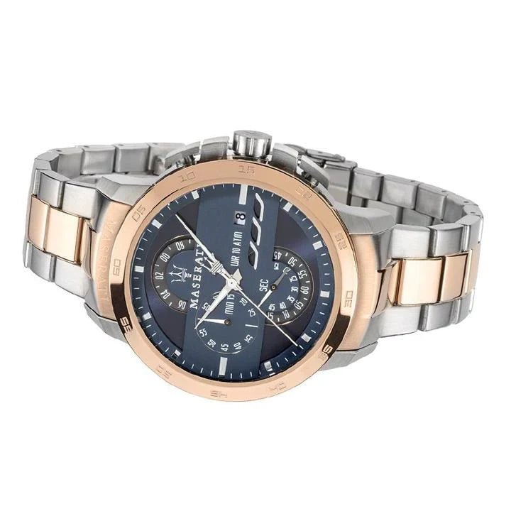 Maserati Ingegno R8873619002 45mm Men’s Chronograph Watch – Multi-Layered Blue Dial & Two-Tone Link Bracelet