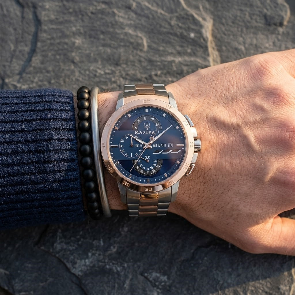 Maserati Ingegno R8873619002 45mm Men’s Chronograph Watch – Multi-Layered Blue Dial & Two-Tone Link Bracelet