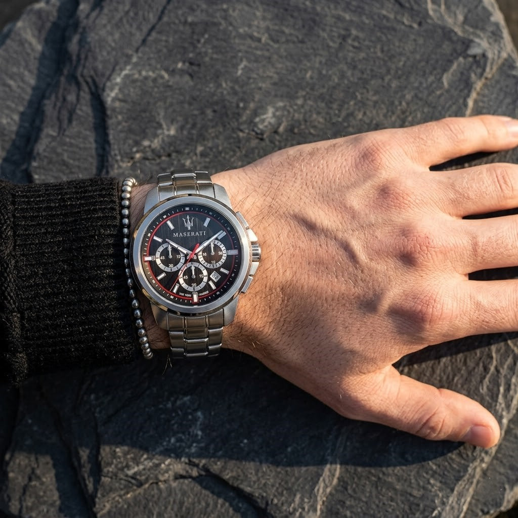 Maserati Successo R8873621009 44mm Men’s Chronograph Watch – Black Brushed Dial & Silver Link Bracelet
