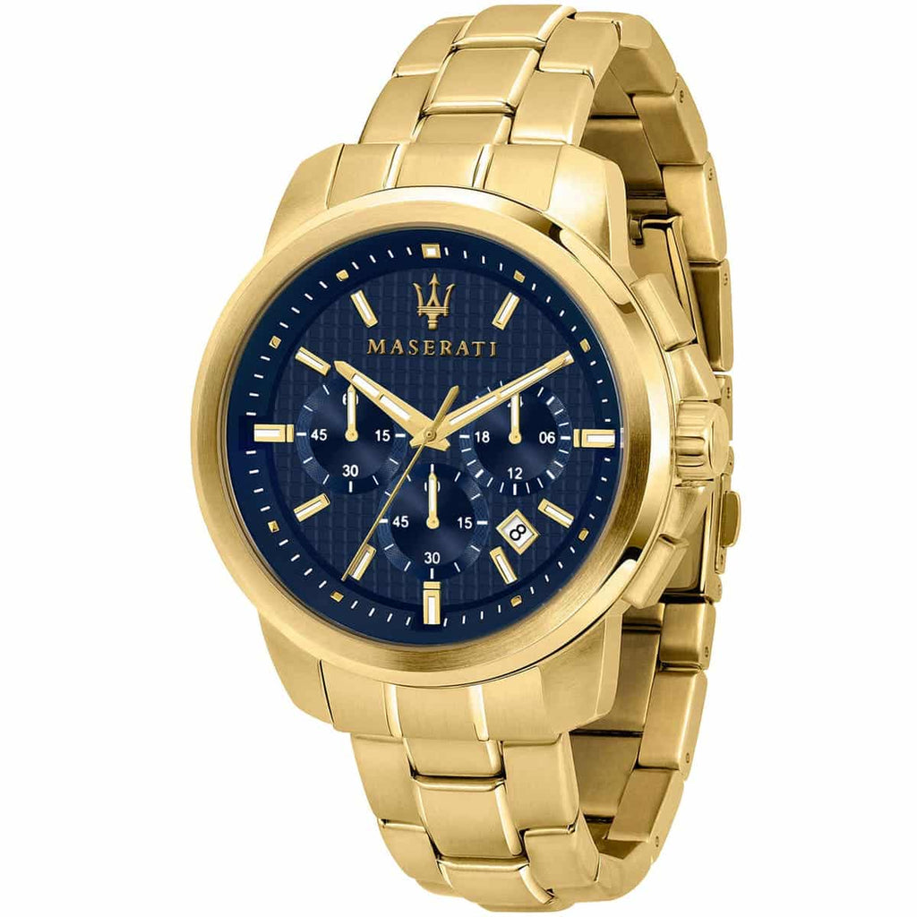 Maserati Successo R8873621021 44mm Men’s Chronograph Watch – Textured Navy Blue Dial & Gold-Tone Stainless Steel Link Bracelet