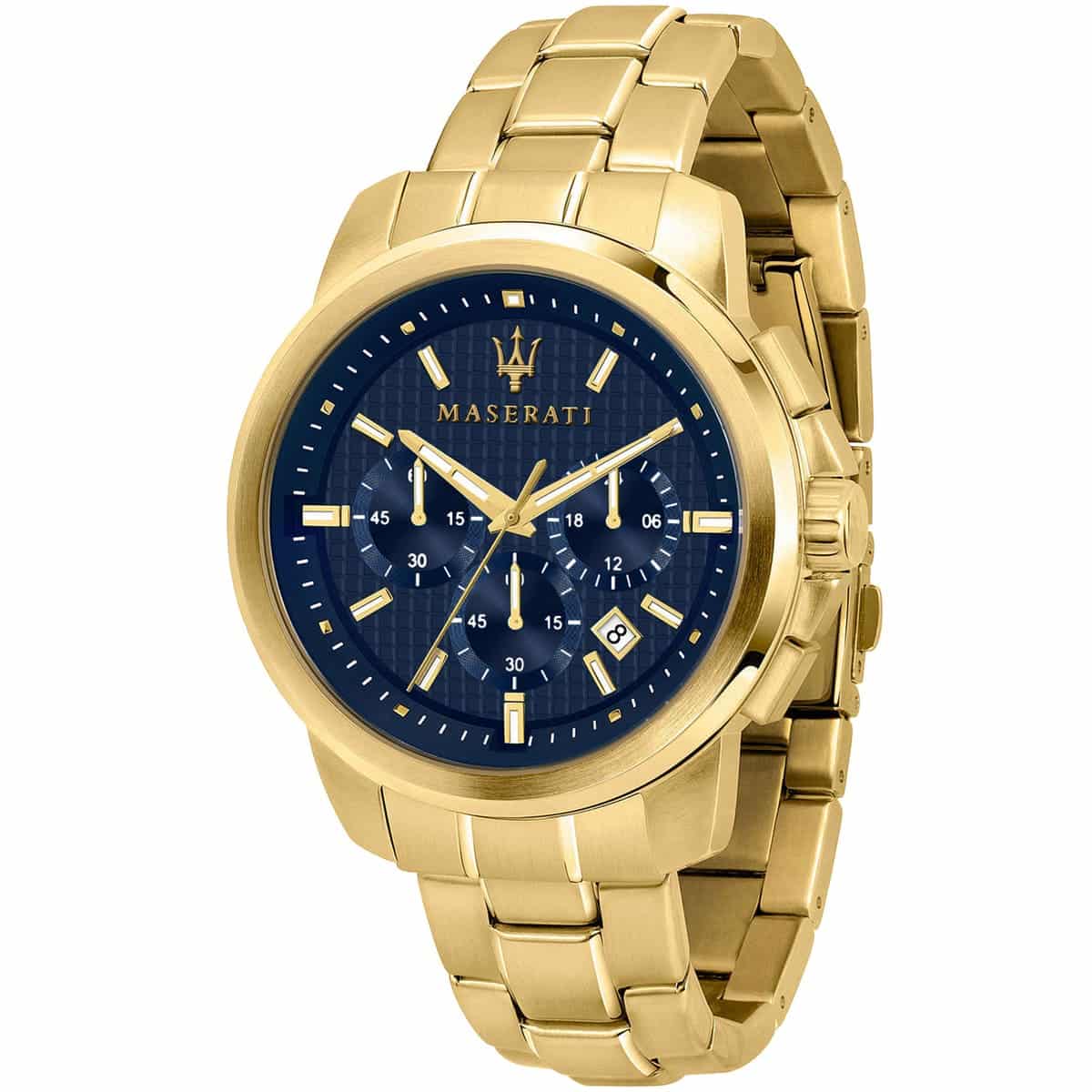Maserati Successo R8873621021 44mm Men’s Chronograph Watch – Textured Navy Blue Dial & Gold-Tone Stainless Steel Link Bracelet