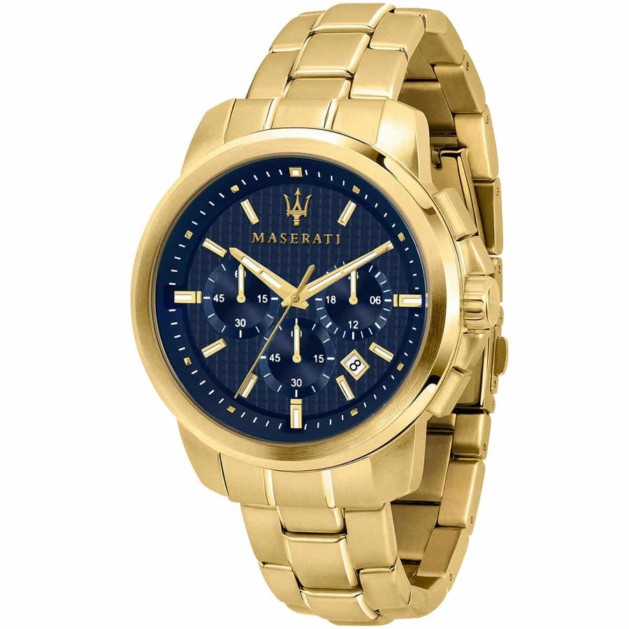 Maserati Successo R8873621021 44mm Men’s Chronograph Watch – Textured Navy Blue Dial & Gold-Tone Stainless Steel Link Bracelet