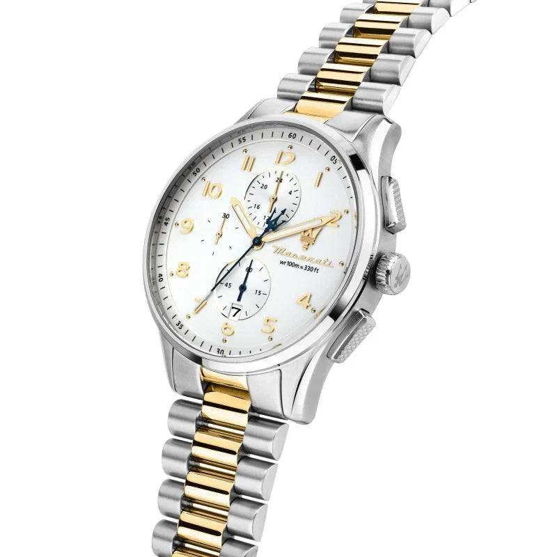 Maserati Sorpasso R8873624003 45mm Men’s Chronograph Watch – White Sunray Dial & Two-Tone Link Bracelet