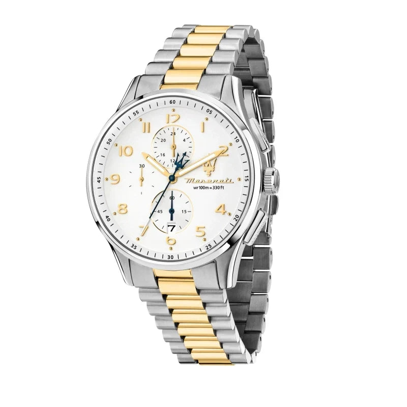 Maserati Sorpasso R8873624003 45mm Men’s Chronograph Watch – White Sunray Dial & Two-Tone Link Bracelet
