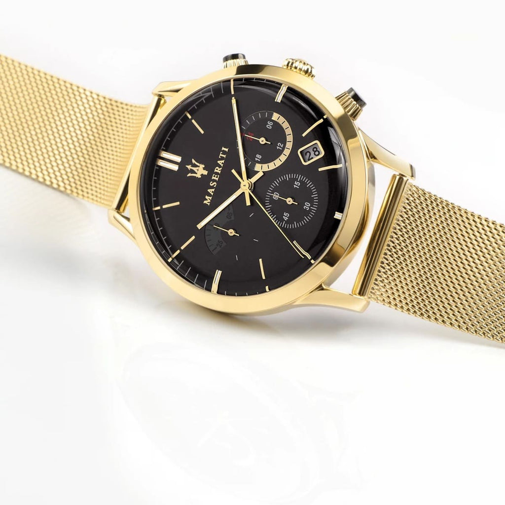 Maserati Ricordo R8873633003 42mm Men’s Chronograph Watch – Black Sunray Dial & Gold Stainless Steel Mesh Strap